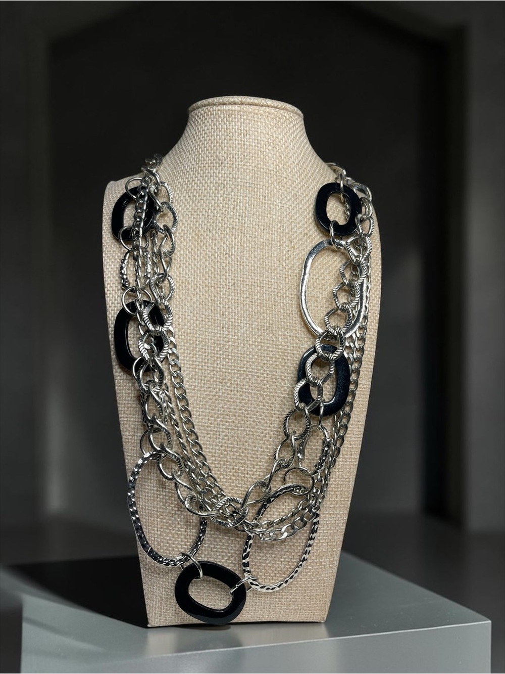 Chico's Black Silver Tone Mixed Media 4 Strand Statement Necklace